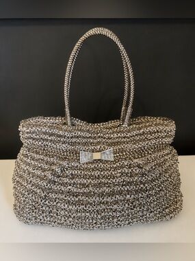Anteprima Wire Bag Tote 2-Way Detachable Crossbody Strap Silver Woven PVC  Vtg